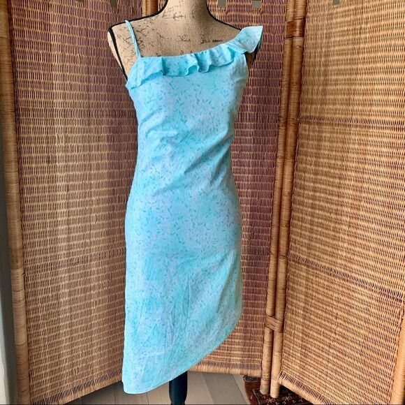 Pastel Print, One Shouldered Ruffle Sleeve Asymmetrical Hem Dress - Picture 1 of 10